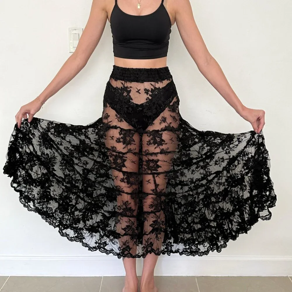Sheer Black Lace Tiered Midi / Maxi Skirt XS - Picture 1 of 4